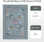 5x7 Washable Area Rug with Insect Print - Bug Rug Non-Shedding Stain Resistant Soft Carpet for Bedroom, Low Pile Ultra-Thin Machine Washable Carpet for Dining Room, Kids Nursery, Office (5'x7' Blue)