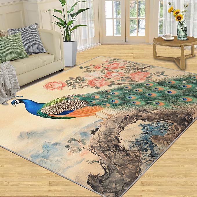 Peacock Peony Flower Area Rug 5x6-5x6 Rug, Classic Peacock Peony Rugs for Living Room, Oriental Carpet, Floral Animal Washable Area Rugs for Bedroom, Aesthetics Carpet - Peafowl Home Decor & Gifts