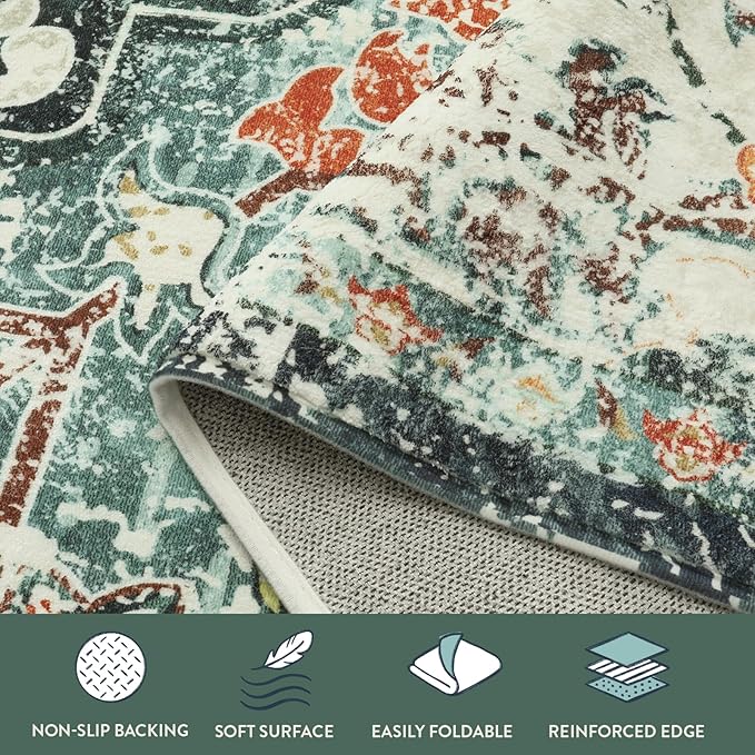 Lahome Area Rugs 9x12 Living Room Boho Washable Rugs 9x12,Large Boho Rugs for Bedroom Dining Room,Floral Soft Non-Slip Printed Low Pile Throw Indoor Floor Carpet for Nursery Kids Playroom(9x12ft,Teal)