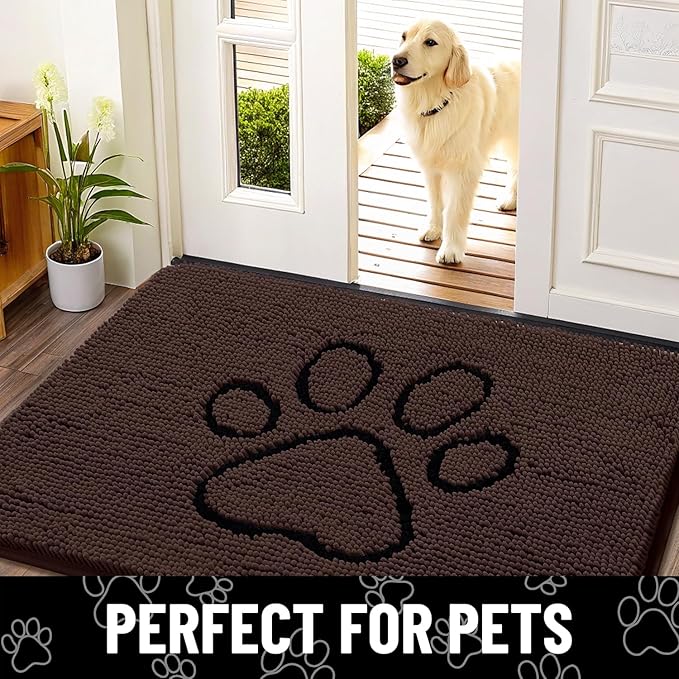 Smiry Dog Door Mat for Muddy Paws, Absorbent Dirt Trapper Non Slip Quick Dry Washable Chenille Mat for Mud Dogs, Entry Rug for Indoor and Outdoor (30x20 Inches, Brown and Black)