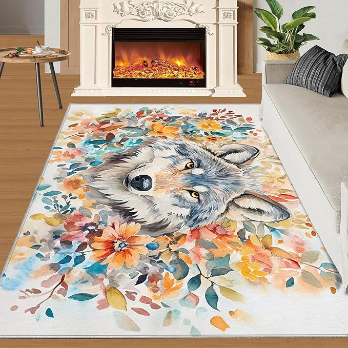5x8 Wolf Kids Rug - Watercolor Florals Dining Room Rug, Animals Area Rugs Indoor Modern Rugs for Bedroom Hardwood Floors Teen Room