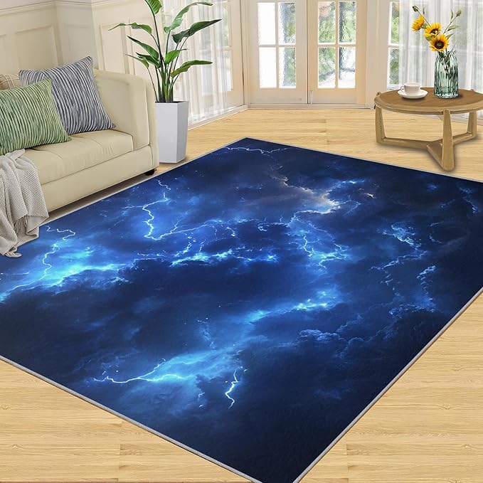 8x10 Lightning Rugs for Living Room - Natural Weather Large Area Rug, Thunderstorm Lightning Modern Boy Nursery Rug Soft Washable for Classroom Office Bedroom Kids Room