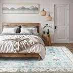 ReaLife Rugs Machine Washable Area Rug - Living Room Bedroom Bathroom Kitchen Entryway Office - Padded Low Pile Stain Resistant Premium - Boho Farmhouse Vintage - BEV - Blue Ivory 7'6" x 9'6"