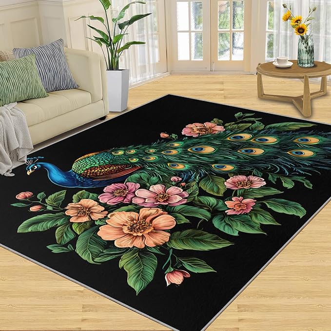 Peacock Peony Rugs for Bedroom - 4x5 Rug, Classic Peacock Peony Area Rugs for Living Room, Teal Turquoise Carpet, Floral Plant Washable Area Mat, Aesthetics Carpet - Peafowl Home Decor & Gifts