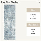 Washable Runner Rug, 2'6" x 8' Non-Slip Kitchen Vintage Foldable Hallway Runners for Entryway, Laundry, Bedroom, Blue