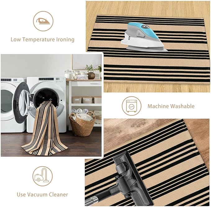 Black and Khaki Striped Rugs 3x5, Outdoor Cotton Hand Woven Front Door Mat,Washable Reversible Layered Door Mats, Foldable Front Porch Rug for Entryway/Home Entrance/Farmhouse