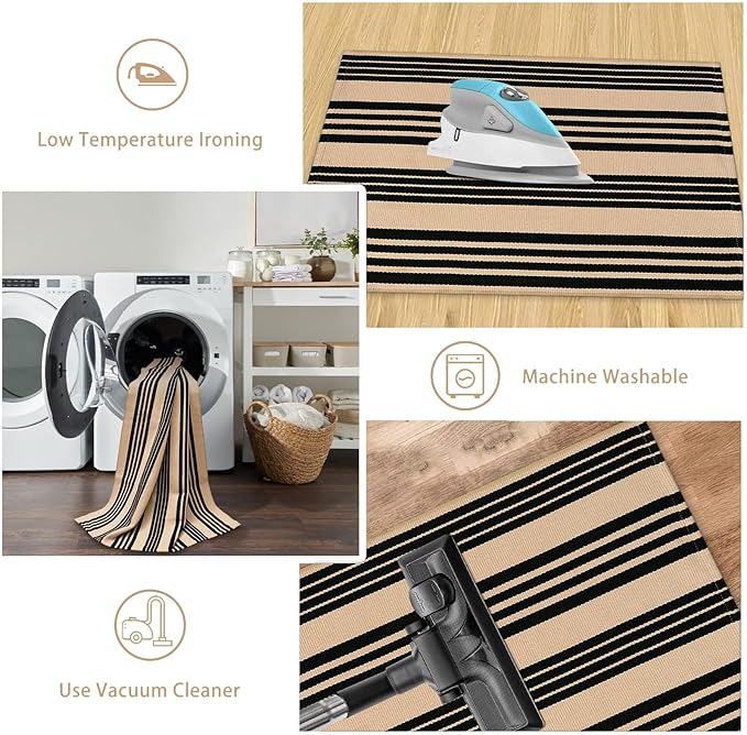 Striped Outdoor Front Door Mat 24"x51", Cotton Hand Woven Washable Black and Khaki Rug Runner, Reversible Foldable Indoor Layered Front Door Rugs for Entryway/Farmhouse/Home Entrance