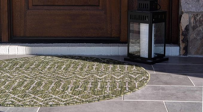 Unique Loom Outdoor Trellis Collection Area Rug - Tribal Trellis (4' 1" Round, Green/ Natural)