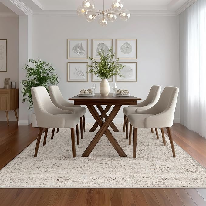 Fmfunctex 9x12 Washable Area Rug Beige Vintage Neutral Distressed Oriental Large Non Slip Carpet for Living Room Bedroom Soft Low Pile Indoor Mat Retro Throw Rug for Dining Room Kitchen Office Nursery
