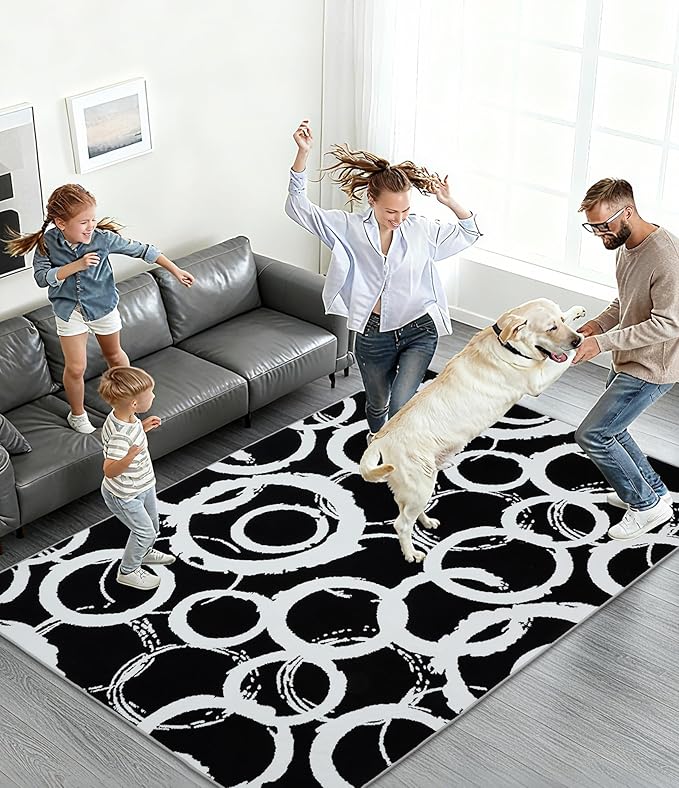 YIHOUSE Black Modern Geometric Area Rug 6x9, Black and White Rug with Abstract Circles,Non-Shedding Washable Rugs for Bedroom, Home Office and Living Room
