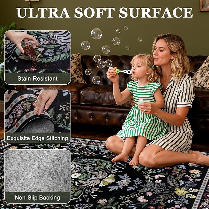 5x7 Area Rugs Living Room Rug: Vintage Washable Rug Floral Soft Carpet Indoor Floor Non-Slip Boho Stain Resistant Large Carpets for Bedroom Kids Nursery Dining Room Farmhouse Home Office Black