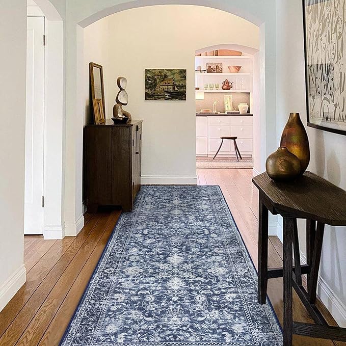 KILOCOCO Hallway Runner 2.6x8 Rug Runner Printed Vintage Floral Washable Kitchen Runners Non-Slip Rubber Backed Runners for Hallways Laundry Room Distressed Boho Rugs for Entryway Bedroom, Blue