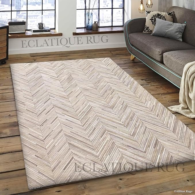 Elegant Rectangular Rug Cowhide Leather Luxury Non Slip Foldable Chevron Patchwork Area Rug for Living Room and Entryway Floor Carpet (Beige-3 x 12 ft)