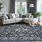 KILOCOCO Area Rug 6x9 Living Room Rug Washable Printed Vintage Floral Non Slip Soft Rubber Backed Indoor Bedroom Rugs for Laundry Room Kitchen Playroom Moroccan Area Rugs, Navy/Charcoal