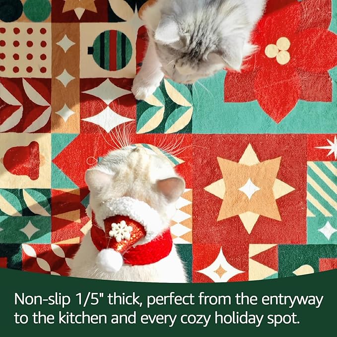 jinchan Round Christmas Rug 4ft for Entryway Washable Circle Christmas Bedroom Rug 4' Round Xmas Geometric Non-Slip Soft Carpet Festive Red-Green Holiday Patch Decor for Kitchen Living Room Porch