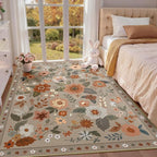 Floral 5x7 Area Rug Machine Washable Soft Print Boho Carpet Non Slip Doormat Low Pile Flower Area Rugs for Living Room Bedroom Nursery Kitchen Dining Room Indoor-Brown/Brick