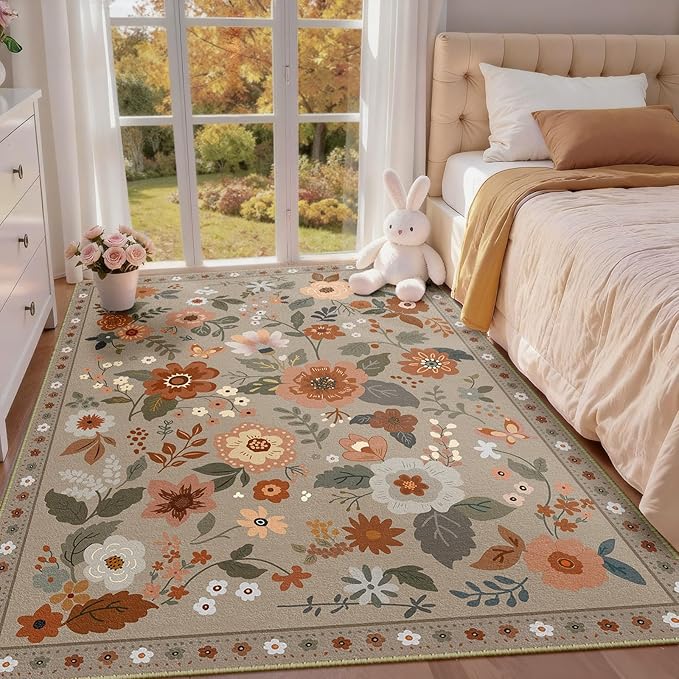 Floral 3x5 Area Rug Machine Washable Soft Print Boho Carpet Non Slip Doormat Low Pile Flower Area Rugs for Living Room Bedroom Nursery Kitchen Dining Room Indoor-Brown/Brick
