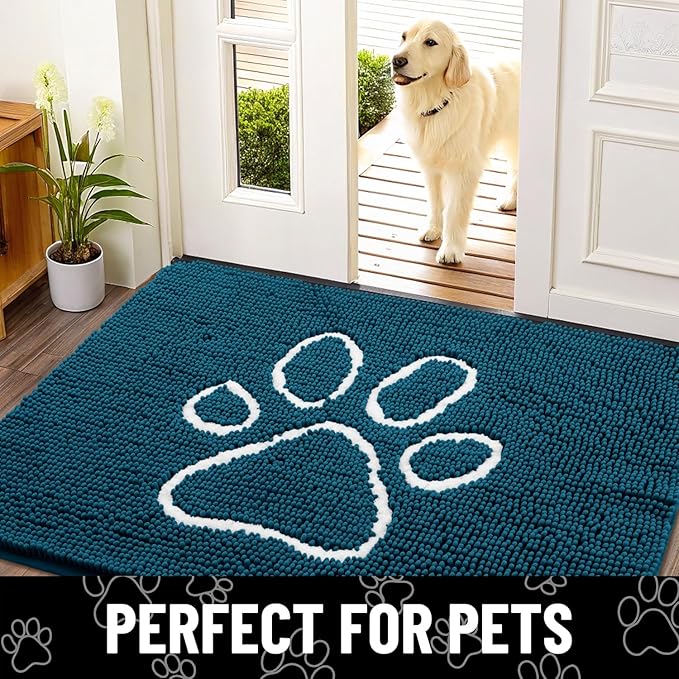 Smiry Dog Door Mat for Muddy Paws, Absorbent Dirt Trapper Non Slip Quick Dry Washable Chenille Mat for Mud Dogs, Entry Rug for Indoor and Outdoor (71x46 Inches, Atlantic Blue and White)