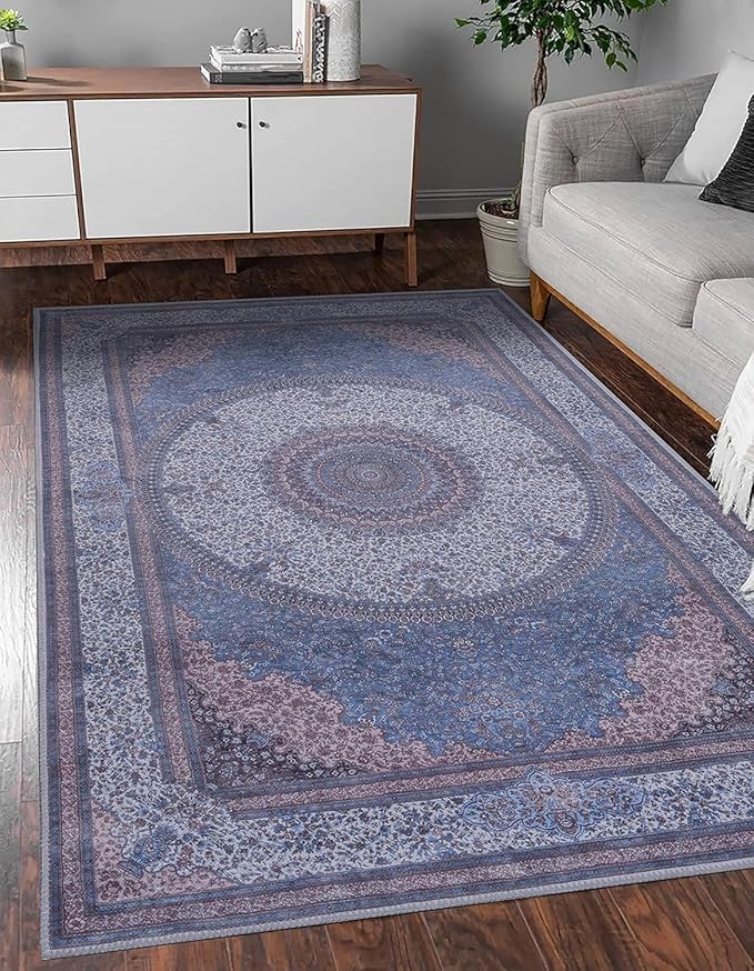 GLN Rugs Traditional Collection - Machine Washable Area Rug, Traditional Washable, Non Slip, Low Pile Chenille Rug, Living Room, Bedroom, Kitchen Rug (5' x 7' Navy/Off White)