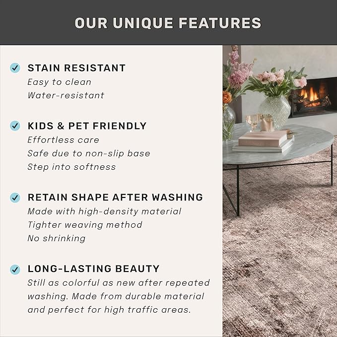 Brown Living Room Rug 8x10 - Retro Washable Rug for Dining Room, Fireplace, Bedroom, Non Slip Low Pile Abstract Warm Tan and Terracotta