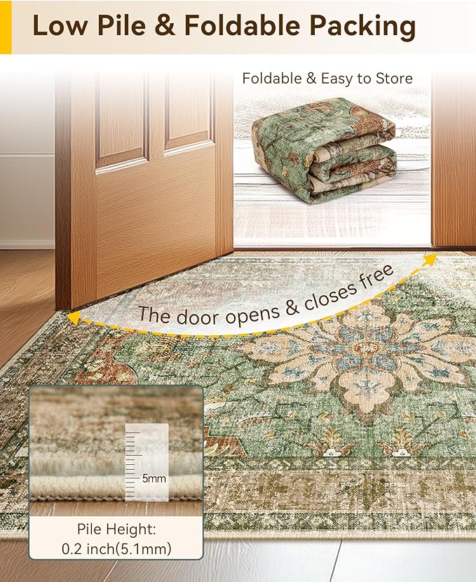 Area Rugs 2'x3' Washable Non-Slip, Floral Vintage Distress Print Pattern Medallion Carpet for Living Room Bedroom Dining Room, Brick Red Rust Neutral Brown Burnt Orange Green