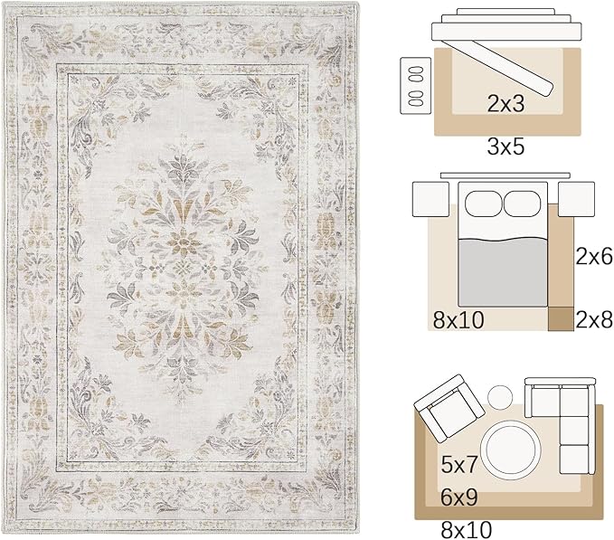 jinchan Vintage Floral 4x6 Area Rugs - Machine Washable Distressed Design Soft Ultra-Thin Low-Pile Non-Slip Carpet for Entryway Kitchen Bedroom Nursery Living Room Dining Room (4x6ft, Light Grey)
