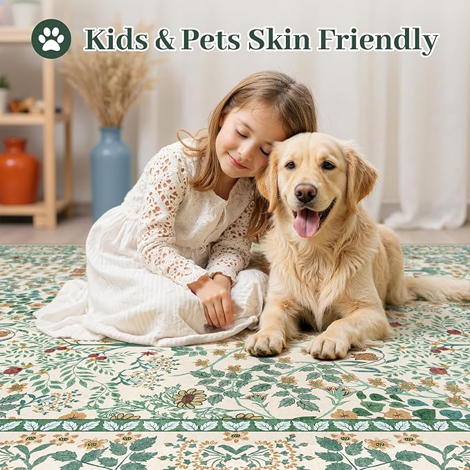 5x7 Area Rugs Living Room Rug - Floral Vintage Morris-Inspired Washable Carpet, Low Pile Non-Shedding Stain Resistance Boho Soft Carpet for Bedroom, Dining Room, Office, Farmhouse (5'x7' Beige Green)