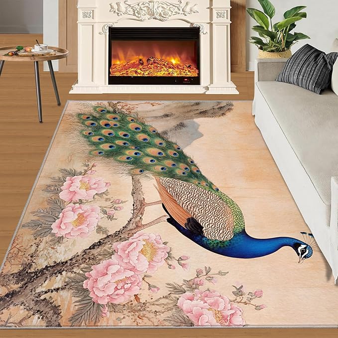 Peacock Peony Area Rug 4x5-4x5 Rug, Classic Peacock Peony Rugs for Living Room, Floral Animal Carpet, Peafowl Feather Washable Area Rugs for Bedroom, Aesthetics Carpet - Peafowl Home Decor & Gifts