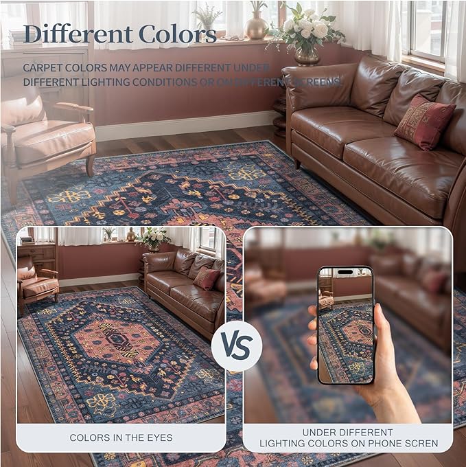 Ciicool Washable 5x7ft Rugs for Living Room Non-Slip Indoor Area Rug Large Low-Pile Mat Floor Carpet Vintage Rug for Bedroom Dinning Foyer Decor