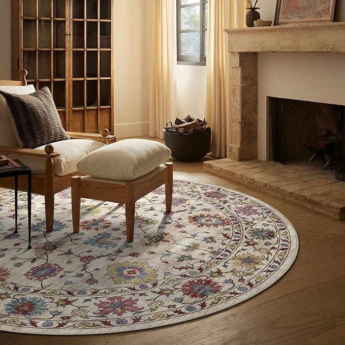 Washable Round Area Rug 4ft - Cream Colorful Traditional Floral Boho Living Room Circle Rug 4x4 Non-Slip Carpet Soft Vintage Bohemian Round Rugs for Bedroom Bathroom Kitchen Nursery