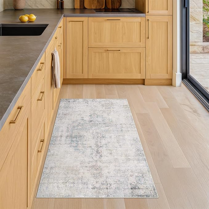 Blue and Gray 2x3 Washable Rug for Entryway Indoor, Kitchen Floor Waterproof, Bathroom, Powder Room, Non Slip Low Pile Stain & Fade Resistant Small Throw Rug, Modern Abstract Decor