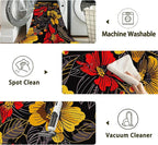 Black Floral Washable Living Room Area Rug, Low Profile Abstract Pattern, Non-Slip Backing Carpet for Kitchen, Bedroom, Dining Room