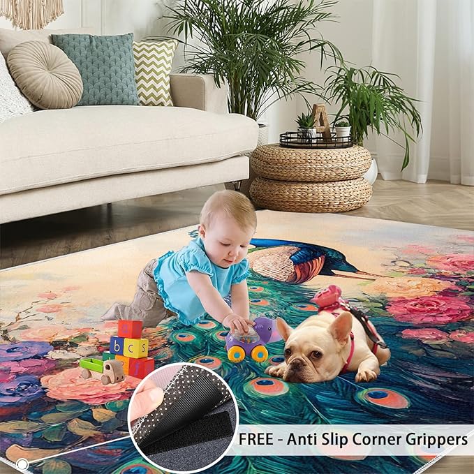 Peacock Peony Rug 6x8-6x8 Rug, Classic Peacock Peony Area Rugs for Bedroom, Teal Turquoise Rugs for Living Room, Peafowl Washable Mat, Malachite Green Feather Carpet - Peafowl Home Decor & Gifts