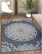 CAMILSON Outdoor Rug 9x12 Modern Area Rugs for Large Indoor and Outdoor Patios and Porches - Waterproof Washable Non-Shedding, Easy-to-Clean Outside Carpet (9 x 12, Medallion - Blue/White)