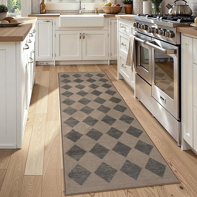 Lahome Checkered Washable 2x6 Brown Runners for Hallways Non Slip, Ultra-Thin Kitchen Bathroom Runner Rugs, Moroccan Trellis Throw Carpet Runner for Bedroom Entryway Decor (2'x6',Brown)
