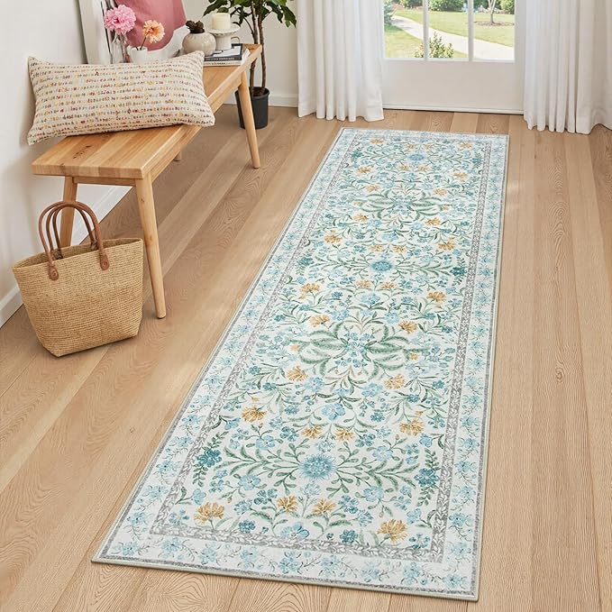 Lahome Light Blue Runner Rug 2x6, Boho Floral Runners for Kitchen Floor, Machine Washable Soft Thin Indoor Throw Carpet Runners for Hallway Bathroom Laundry 6ft, Blue