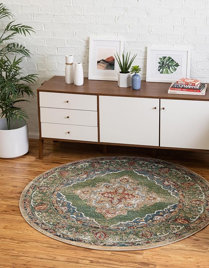 Unique Loom Isabella Collection Area Rug - Rossellini (5' 1" Round, Green/ Blue)