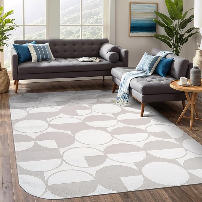 Beverly Rug Modern Geometric Area Rug 4x6 Low-High Pile Durable Soft Abstract Circular Indoor Rugs for Living Dining Room Office Stain Resistant Non Shedding Casual Indoor Carpet Beige White 4 x 6