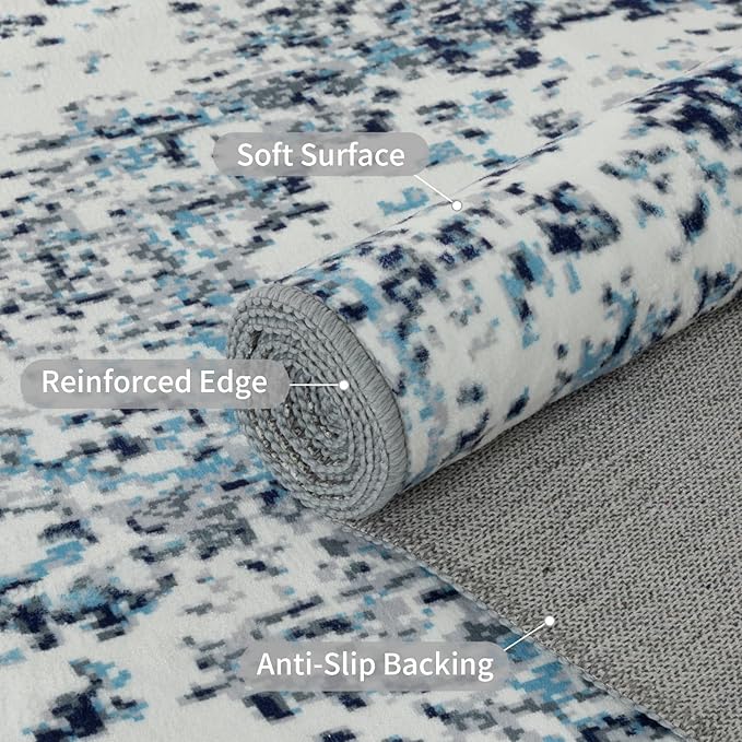 Easy-Going Round Rug 6ft Area Rug Washable Boho Circle Rugs for Living Room Non-Slip Bedroom Rug Low Pile Lightweight Floral Print Vintage Throw Rug for Dining Room Kitchen Home Office, Blue Cream