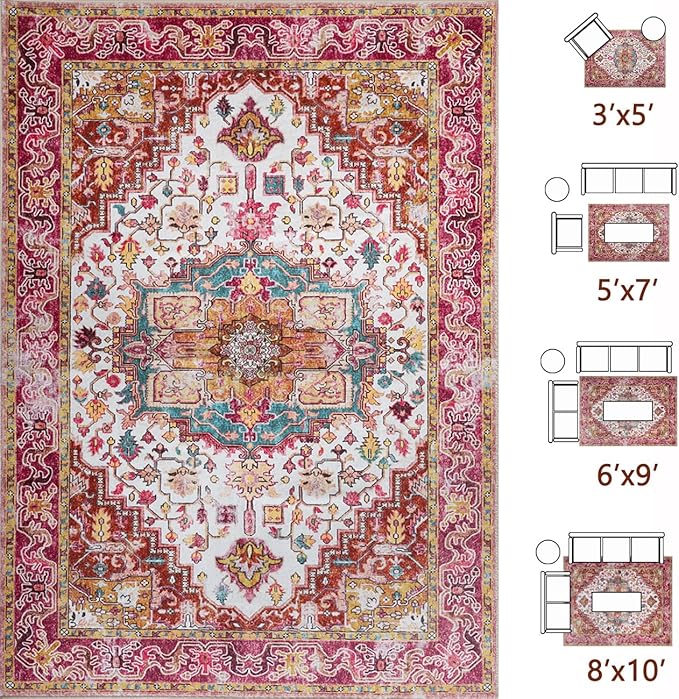 Large Area Rugs 8x10 for Living Room, Washable Vintage Rugs -Low Pile, Soft Plush Rugs for Bedroom, Kitchen, Dining Room, Stain Resistant, Non Shedding, Plum