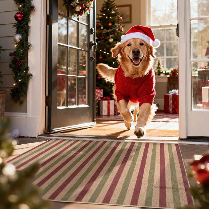 Lahome Christmas Outdoor Rug, 3x5 Christmas Decorations for Porch Entryway Front Door, Striped Plaid Decor Non Slip Non Shedding Red and Green Carpet for Foyer Patio
