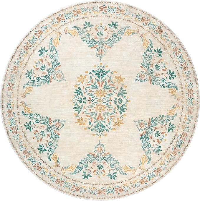 jinchan Round Rug 5ft Area Rugs Vintage Floral Distressed Design, Machine Washable Soft Non-Slip Low-Pile Ultra-Thin Circle Rug for Entryway Living Room Dining Room Bedroom (5' Round, Apricot Multi)