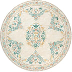 jinchan Round Rug 8ft Area Rug Vintage Floral Distressed Design Machine Washable Soft Non-Slip Low-Pile Ultra-Thin Circle Rug for Living Room Dining Room Bedroom Home Office (8' Round, Apricot Multi)