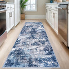 Modern Abstract Hallway Runner Rug, Grey Navy Blue 2.6x8 Runner Rug, Washable Kitchen Runner Non-Slip Soft Thin Print Faux Wool Carpet for Entryway Bedroom Laundry Room Indoor