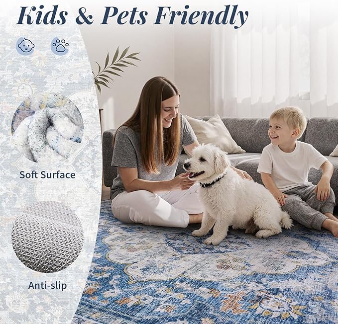 tchdio 3x5 Bedroom Area Rug, Non Slip Washable Entryway Rug Indoor, Soft Low Pile Vintage Door Mat, Stain Resistant Rug for Entrance, Bedside, Dining Room (Blue, 3'x5')