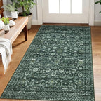 Vintage Floral 3x5 Rug, Dark Green Entryway Rug Small Area Rug Washable Non-Slip Throw Rug, Thin Printed Faux Wool Low-Pile Kitchen Rugs Super Soft Capet for Entrance Bedroom Office Home Decor