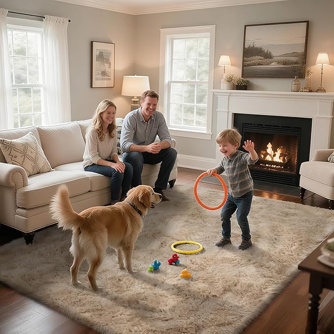 Fluffy Rug Shaggy Area Rug, Beige 3x5 Area Rugs for Bedroom, Small Bedside Rug, Soft Fluffy Shaggy Entryway Throw Rugs for Living Room Bedroom Kids Room Home Decor