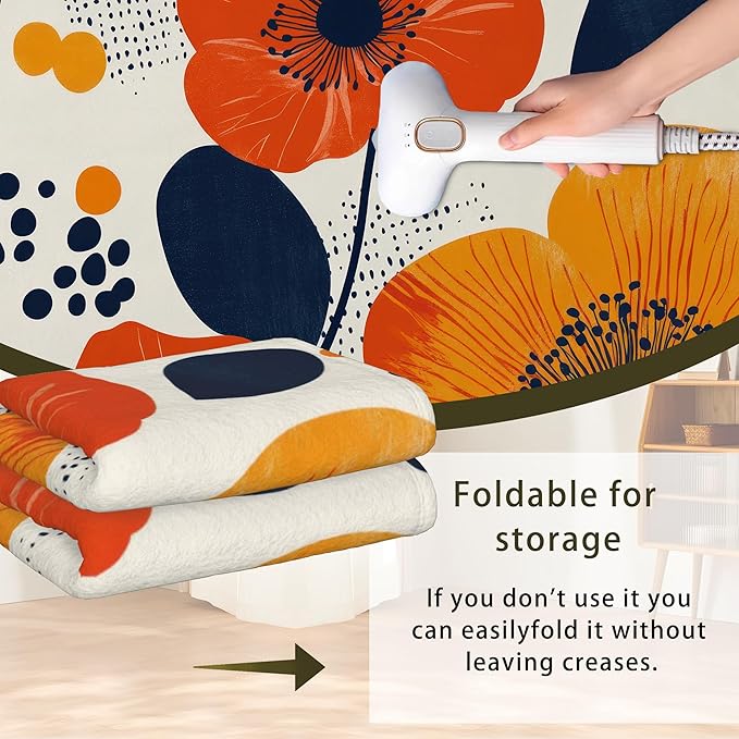 Boho Orange Flowers Autumn Carpet for Living Room, 3x5 Non-Slip Washable Low Pile Abstract Design Rug, Space Saving Area Rug for Bedroom, Dining Room
