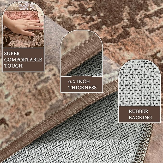 LOCHAS Rug for Living Room 6x9, Washable Soft Area Rugs for Bedroom, Abstract Carpet for Office Kids Dining Room Nursery Floor, Brown Pink Geometric Vintage Home Decor, Non Slip, Pet Child Friendly