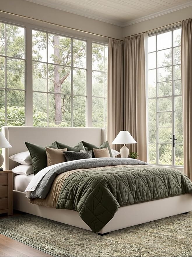 6x9 Area Rug Machine Washable Boho Rug for Living Room,Ultra-Thin Low Pile Carpet,Lightweight Indoor Printed Rug,Non Slip Floral Area Rug for Bedroom, Dining Room, Home Office,Sage